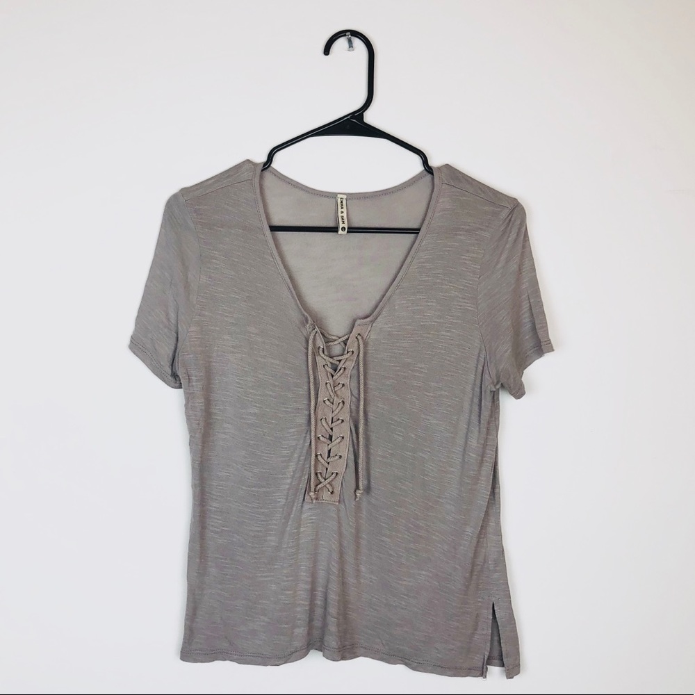 LF Emma & Sam Taupe Lace Up Tee
